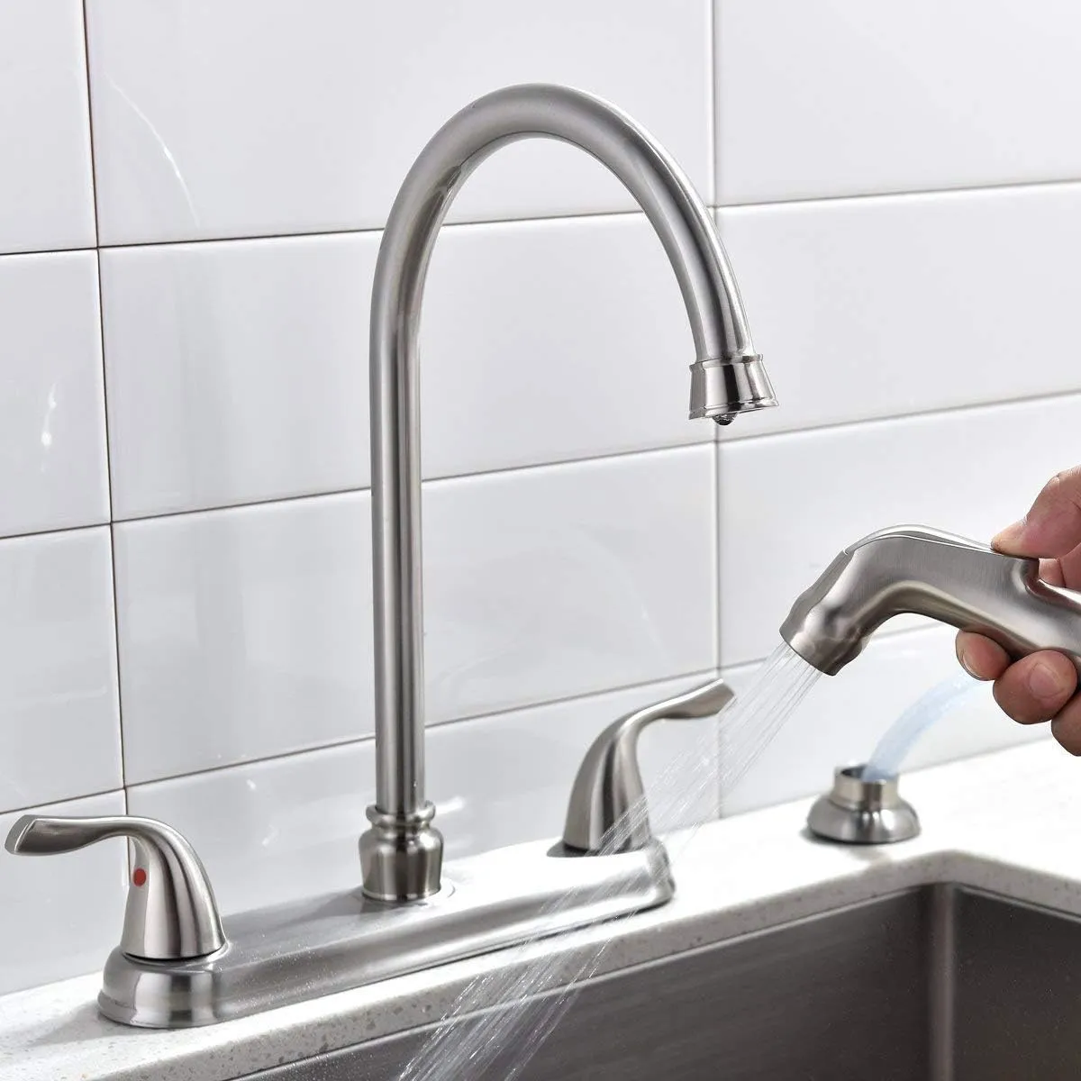 SHACO Kitchen Faucet with Side Sprayer, Stainless Steel 2 Handle Kitchen Sink Faucet with Water Supply Line, Brushed Nickel High Arch 360 Swivel Kitchen Faucet for Sink 3 Hole 4 Hole