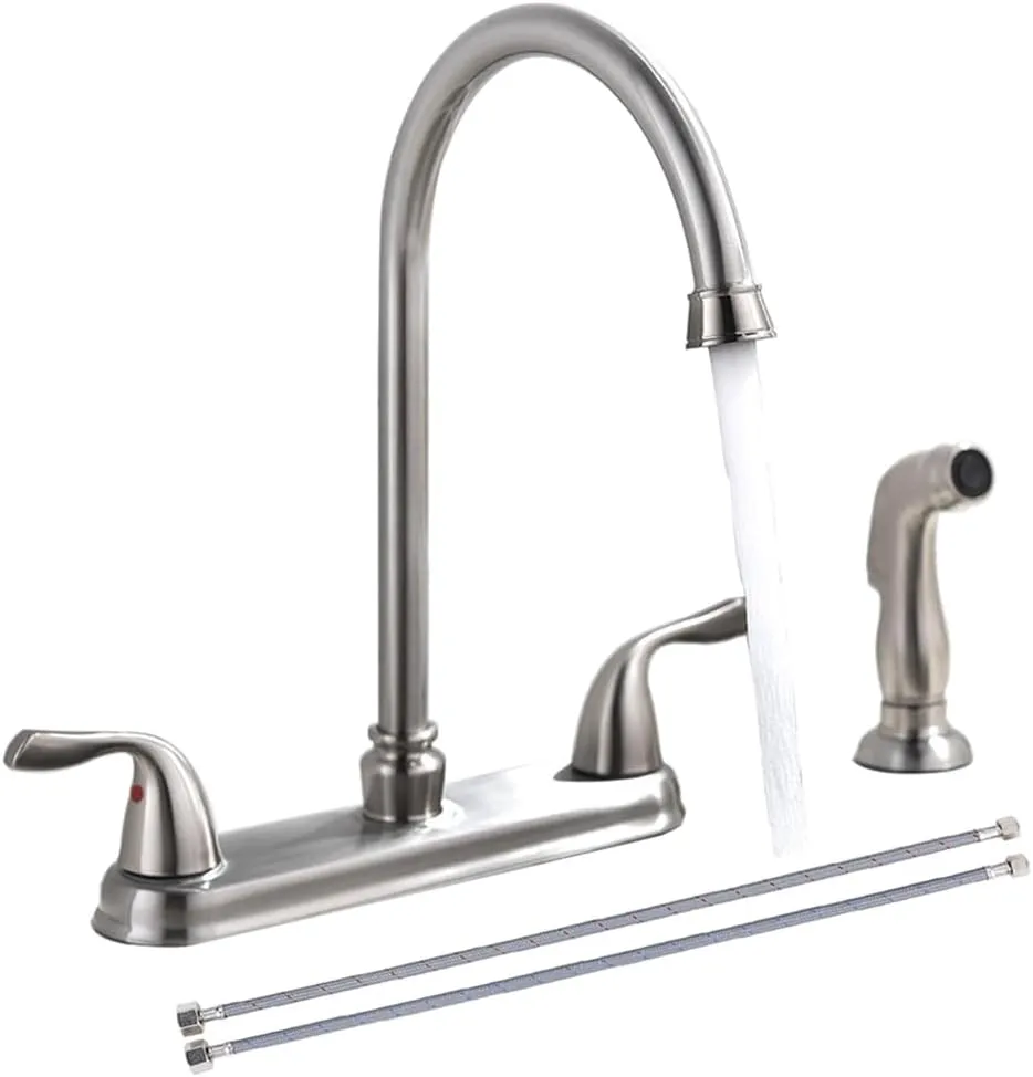 SHACO Kitchen Faucet with Side Sprayer, Stainless Steel 2 Handle Kitchen Sink Faucet with Water Supply Line, Brushed Nickel High Arch 360 Swivel Kitchen Faucet for Sink 3 Hole 4 Hole