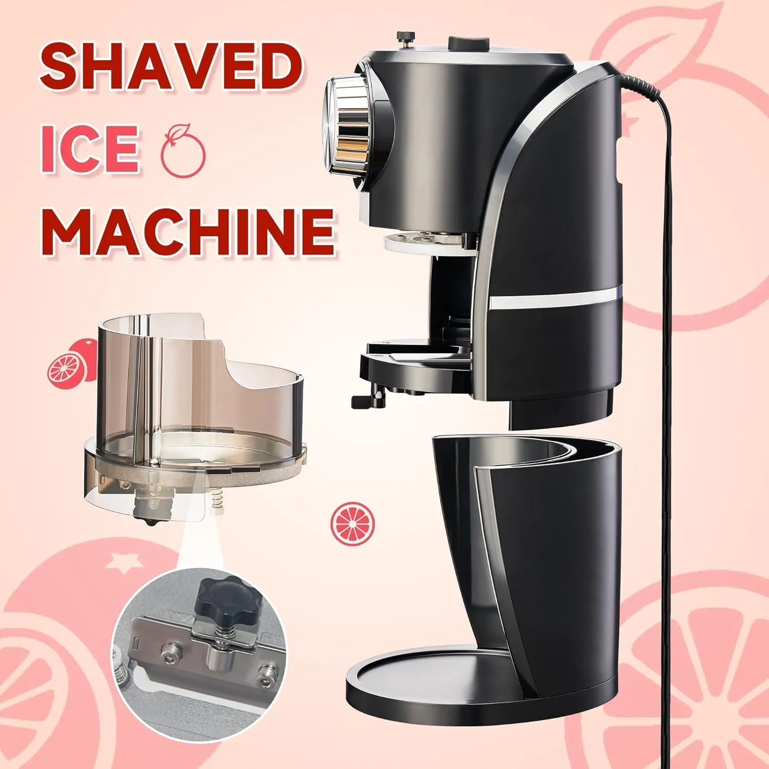 Shaved Ice Machine - Snow Cone Machine Equipped With Stainless Steel Blade Adjustment Knob to Freely Adjust the Thickness of the Snowflakes and 2 Reusable Plastic Ice Mold Cup