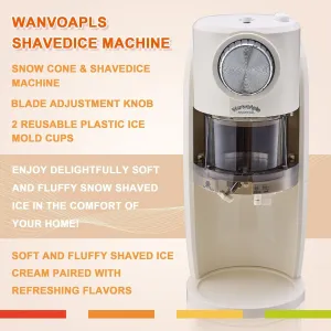 Shaved Ice Machine - Snow Cone Machine for Homemade Shaved Ice, Snow Cones, Slushie Ice Shaver With Stainless Steel Blade Adjustment Knob, 2 Reusable Ice Mold Cup for snowflakes - White