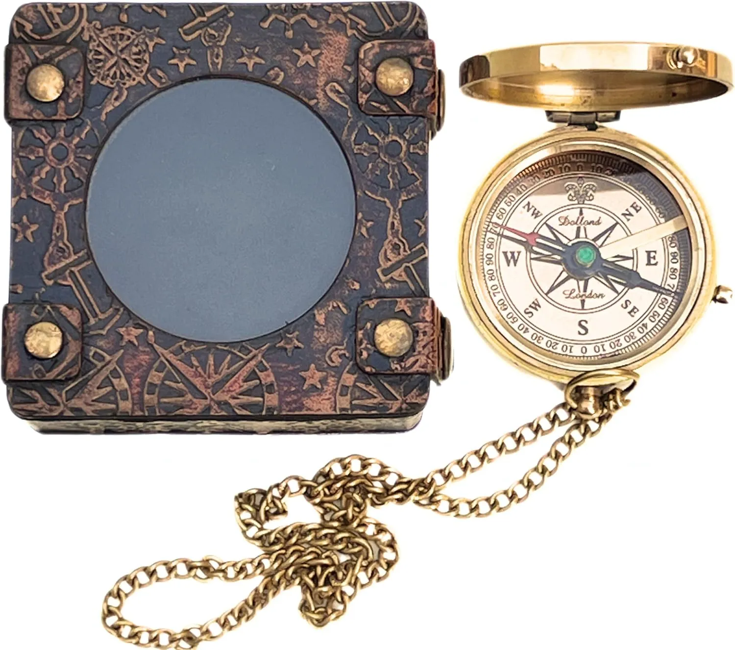 Shiny Brass Engraved Magnetic Compass with Leather Case – Detailed Engraving, Functional Maritime Navigation Tool – Collectible Gift for Sailors & Adventurers – Perfect Home Décor