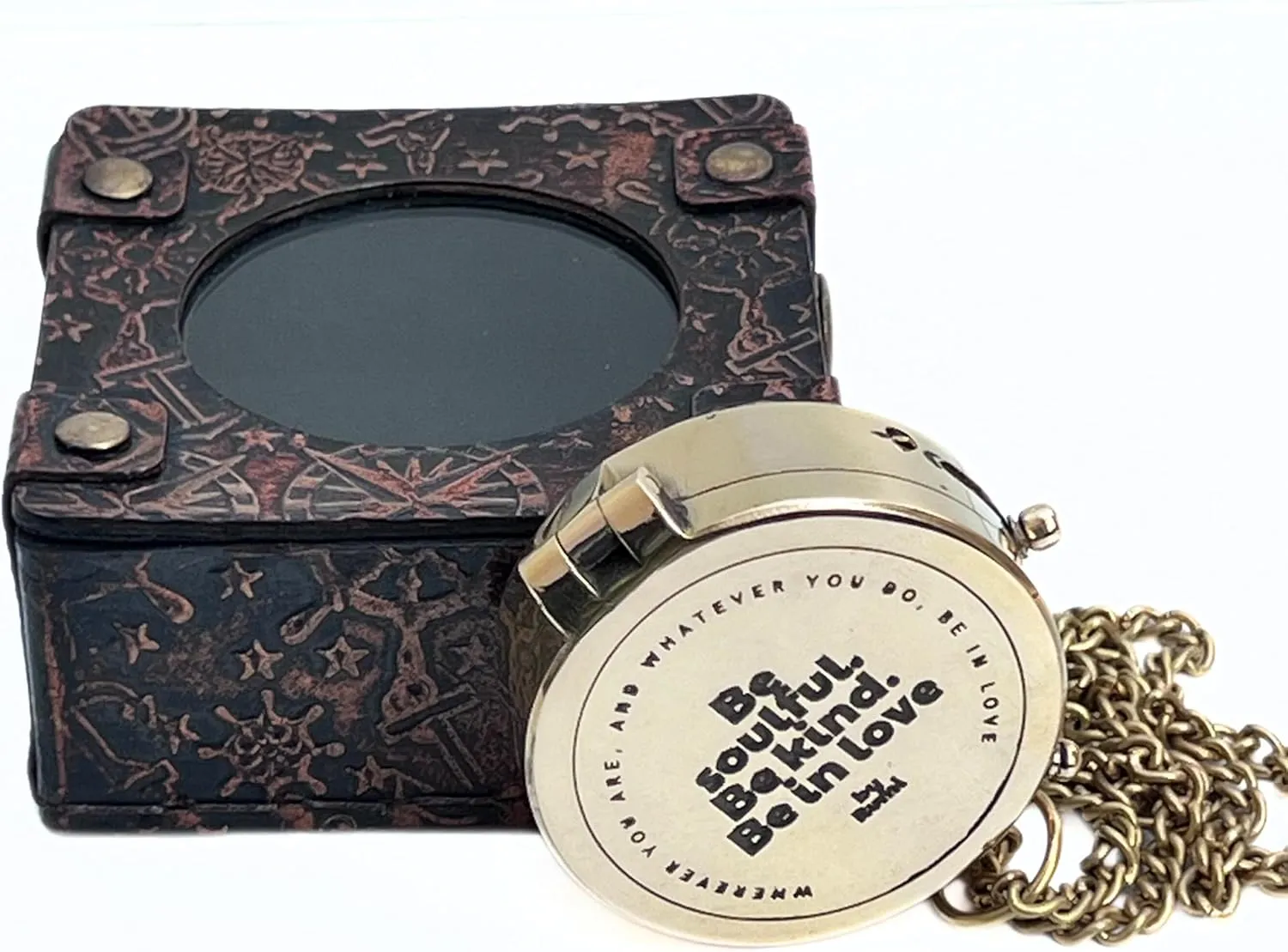 Shiny Brass Engraved Magnetic Compass with Leather Case – Detailed Engraving, Functional Maritime Navigation Tool – Collectible Gift for Sailors & Adventurers – Perfect Home Décor