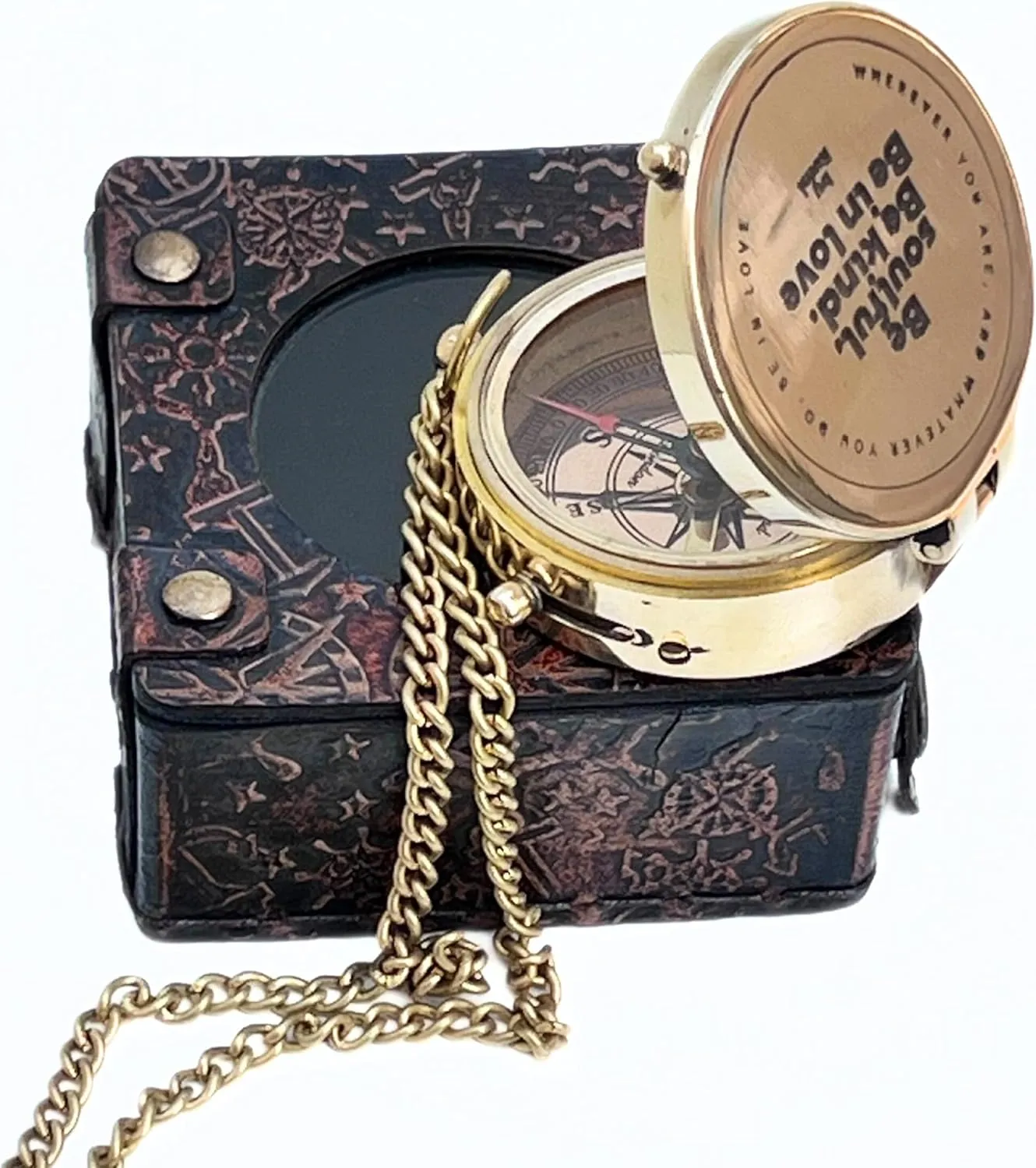 Shiny Brass Engraved Magnetic Compass with Leather Case – Detailed Engraving, Functional Maritime Navigation Tool – Collectible Gift for Sailors & Adventurers – Perfect Home Décor