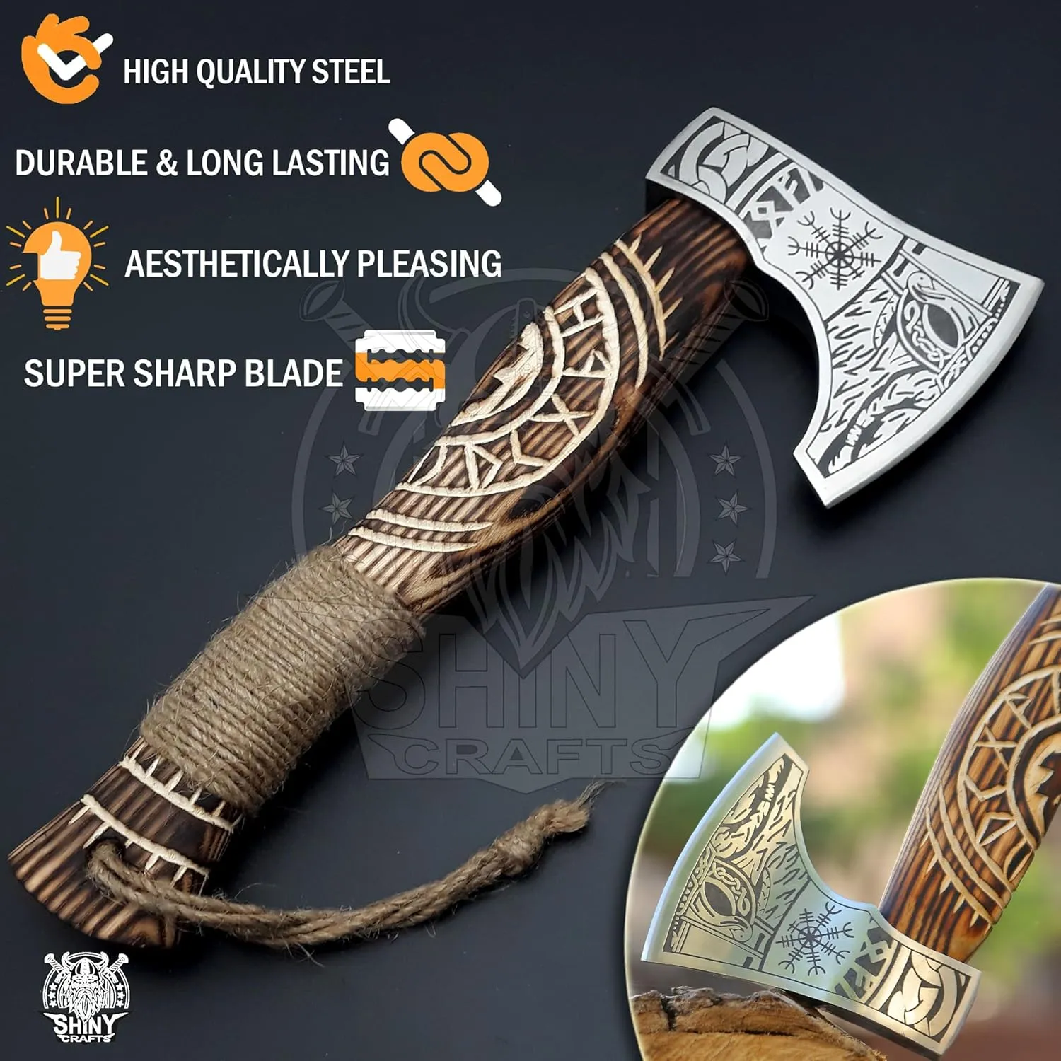 SHINY CRAFTS-Viking Axe Bearded Axe Tomahawk Birthday Gifts-Hatchet,Throwing Axes Gifts for him Wood Working Tool Viking Gifts for Men Camping Hatchet Tomahawk with Sheath (SCA 14)