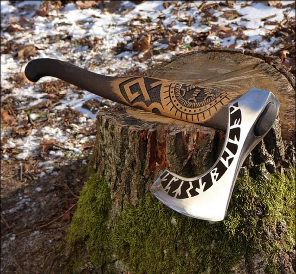 SHINY CRAFTS Viking Axe Hatchet - 27" Long Helm of Awe Carved Forged Steel With Engraving, Medieval Tomahawk, Runic Bearded Axe With Genuine Leather Sheath (VBA-0011)