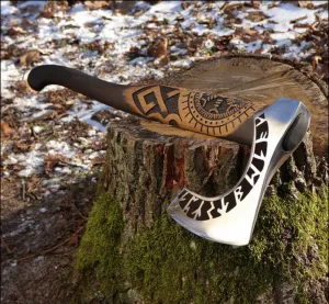 SHINY CRAFTS Viking Axe Hatchet - 27" Long Helm of Awe Carved Forged Steel With Engraving, Medieval Tomahawk, Runic Bearded Axe With Genuine Leather Sheath (VBA-0011)