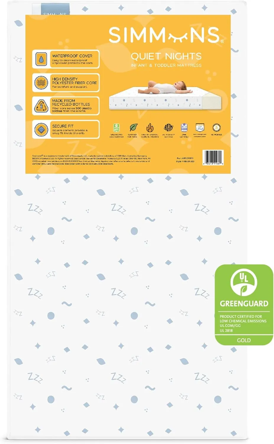 Simmons Kids Quiet Nights Dual Sided Baby Crib Mattress & Toddler Mattress - Sustainably Sourced Core - Waterproof - Hypoallergenic - GREENGUARD Gold Certified (Natural) - Ideal Firmness - Made in USA