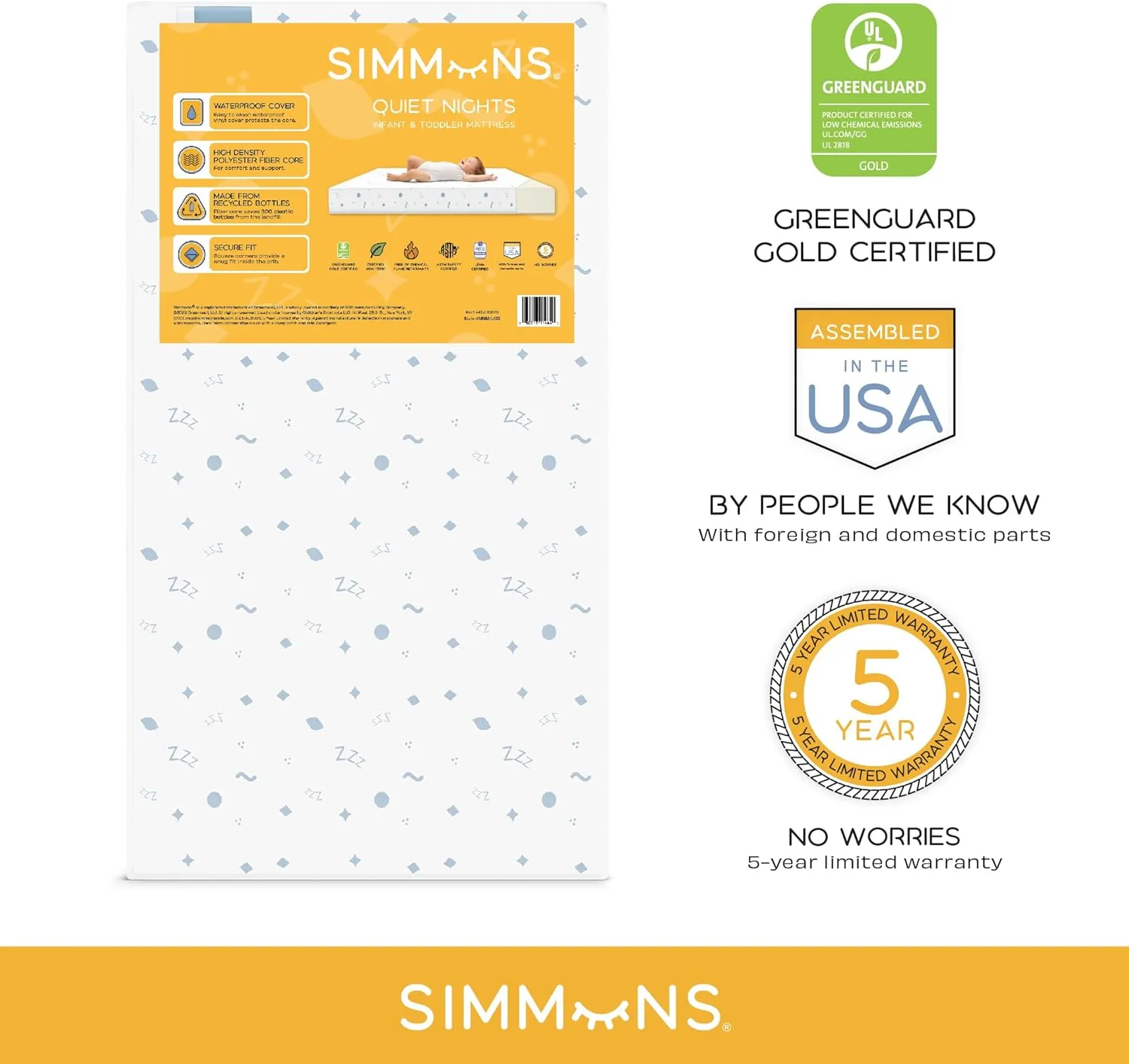 Simmons Kids Quiet Nights Dual Sided Baby Crib Mattress & Toddler Mattress - Sustainably Sourced Core - Waterproof - Hypoallergenic - GREENGUARD Gold Certified (Natural) - Ideal Firmness - Made in USA