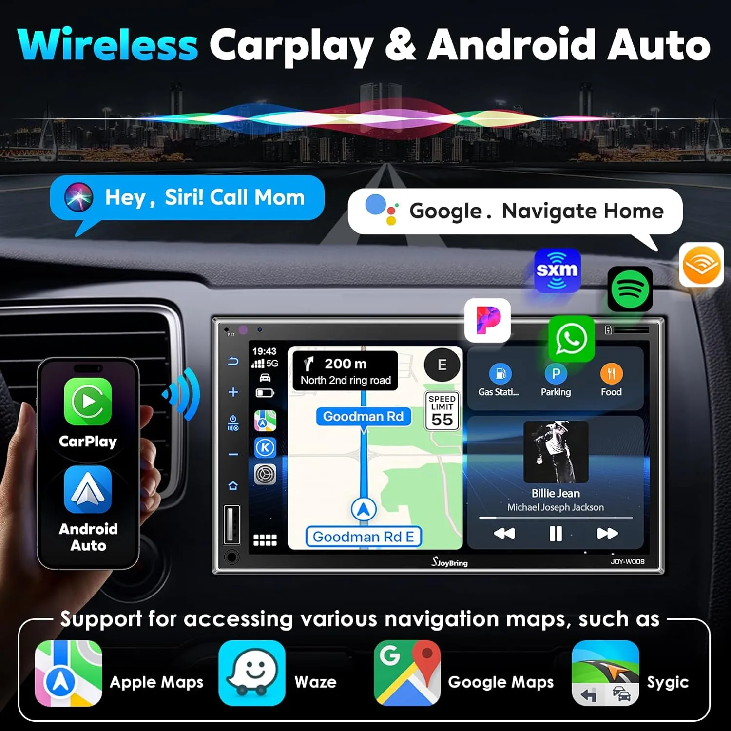 SJoyBring Upgrade Wireless Double Din Car Stereo with Apple CarPlay, Android Auto, Bluetooth, 4-Channel RCA, 2 Subwoofer Ports, 60W*4 High Power, 7" HD Touchscreen Car Radio Receiver, Backup Camera
