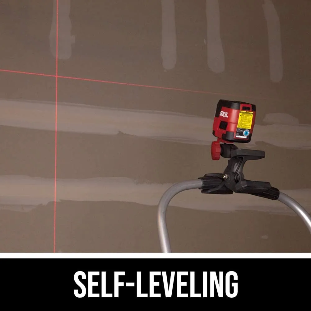 SKIL 50ft. Red Self-Leveling Cross Line Laser Level with Horizontal and Vertical Lines, Rechargeable Lithium Battery with USB Charging Port, Clamp & Carry Bag Included - LL932301