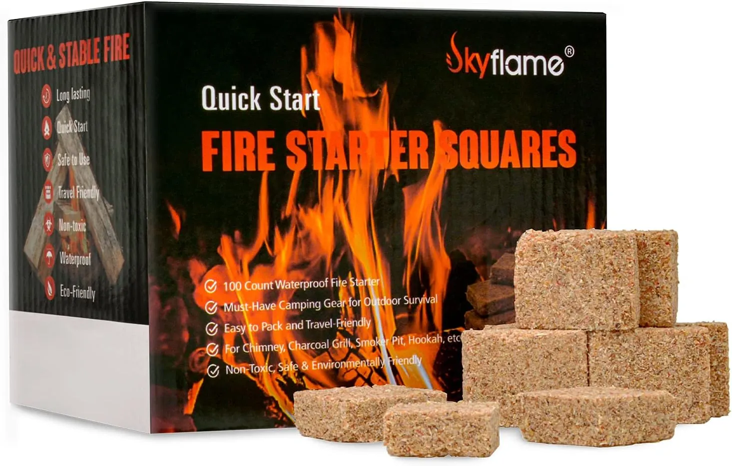 Skyflame 100 Pack Natural Fire Starters, Square Waterproof Easy Fire Charcoal Starters Compatible with BGE, Kamado Joe, Smokers, Wood Stove & Grills, BBQ & Grill, Campfire, Fireplace, Camp Fire Pits