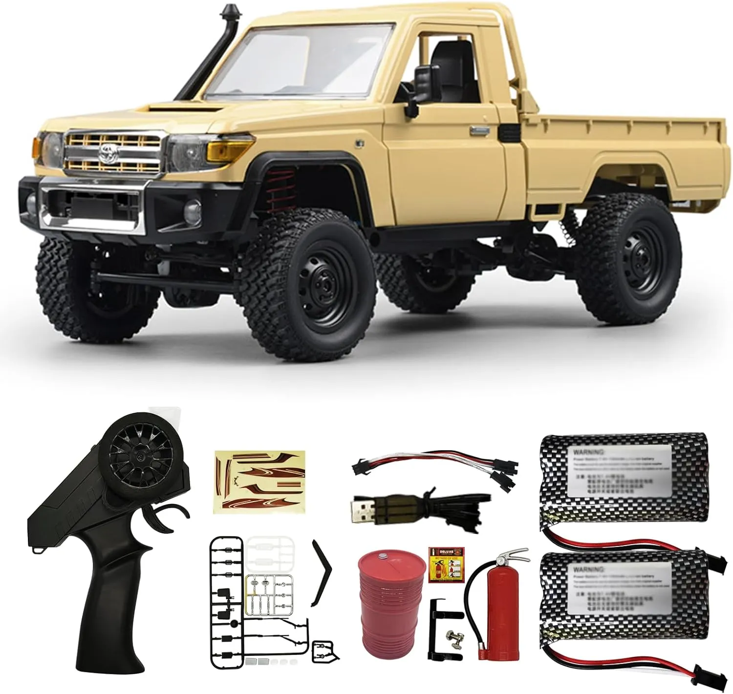 Skymaker MN82 RC Crawler 1/12 RC Truck 4x4 Toyota LC79 Remote Control Car 2.4GHz Off Road Rock Crawler with Two 1500mAh Battery Oil Drum Fire Extinguishers 280 Motor RC Pick-up Truck for Adult Yellow
