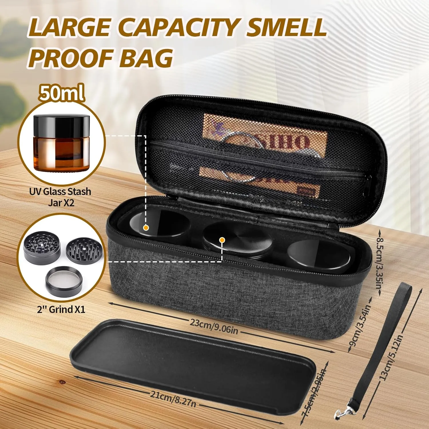 Smell Proof Bag – Smell Proof Stash Box with Glass Jars,Grind,Multi-Functional Work Tray, Waterproof & Odor Proof Bag,Large Stash Box For Your Accessories,Travel Essentials for Men,Grey