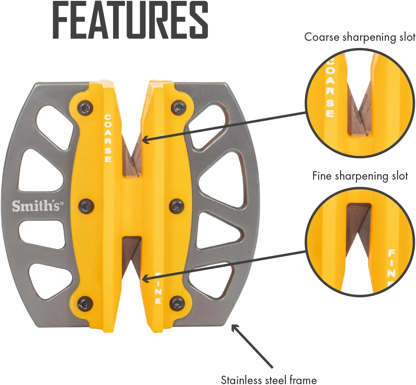 Smith’s 51176 Stainless Steel 2-Step Knife Sharpener | Yellow | Preset Coarse & Fine Slots | Outdoor Handheld Knife Sharpener | Fishing, Hunting, Filet, Pocket Knives | Portable Compact Keychain Tool