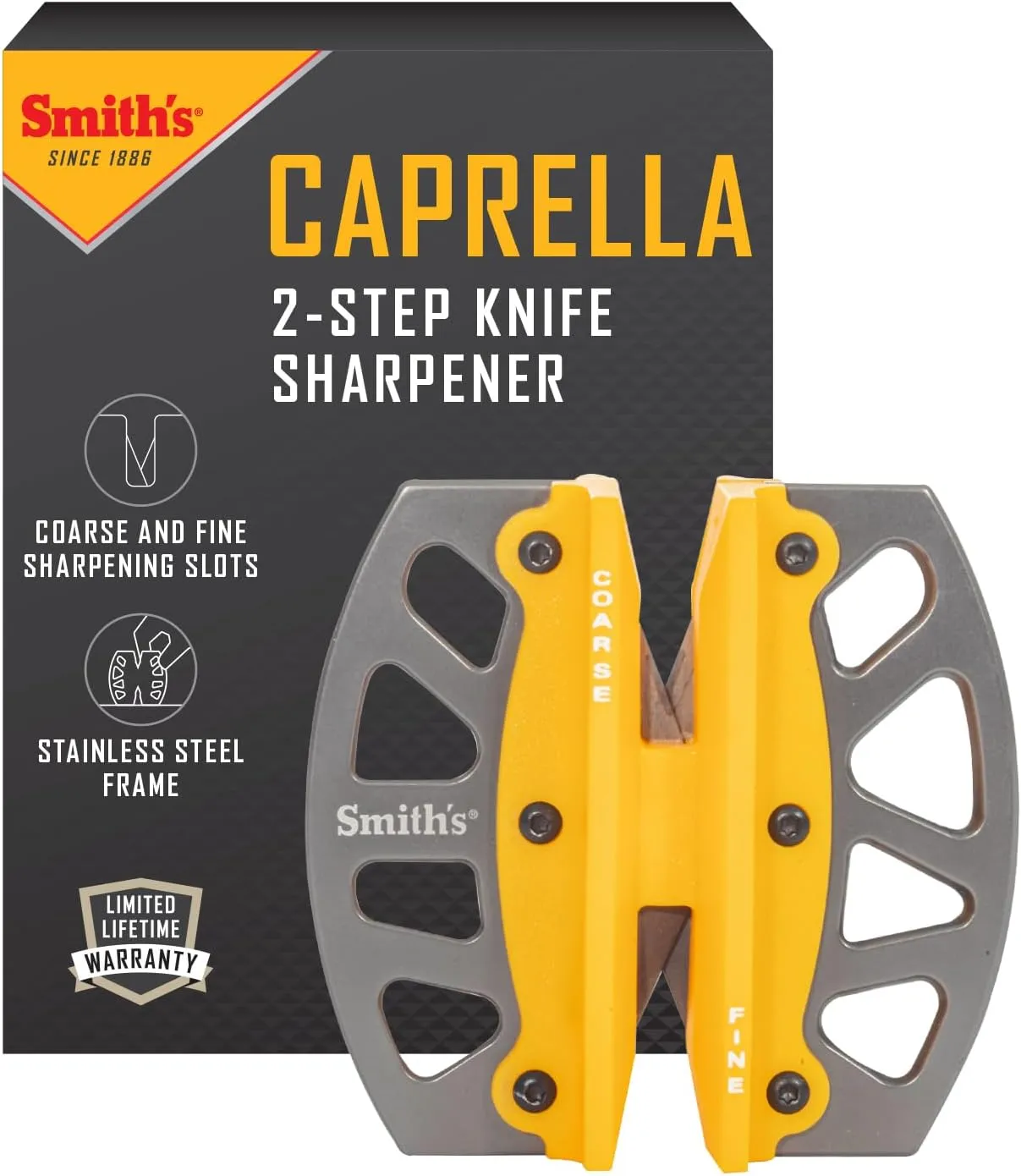 Smith’s 51176 Stainless Steel 2-Step Knife Sharpener | Yellow | Preset Coarse & Fine Slots | Outdoor Handheld Knife Sharpener | Fishing, Hunting, Filet, Pocket Knives | Portable Compact Keychain Tool