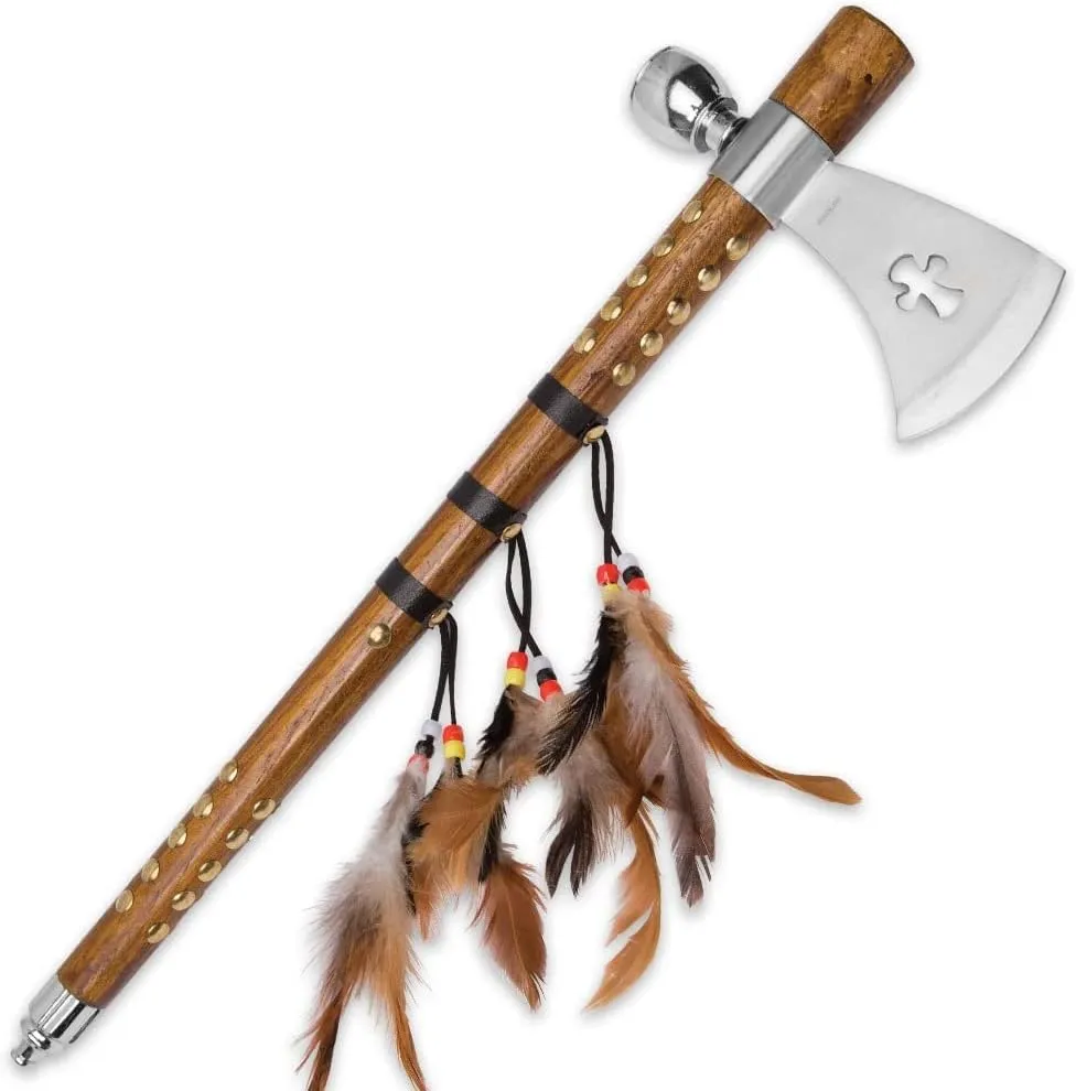 Snake Eye Tactical Native American Peace Pipe Tomahawk Axe 18.75-Inches Overall Length (Brown with Feather)