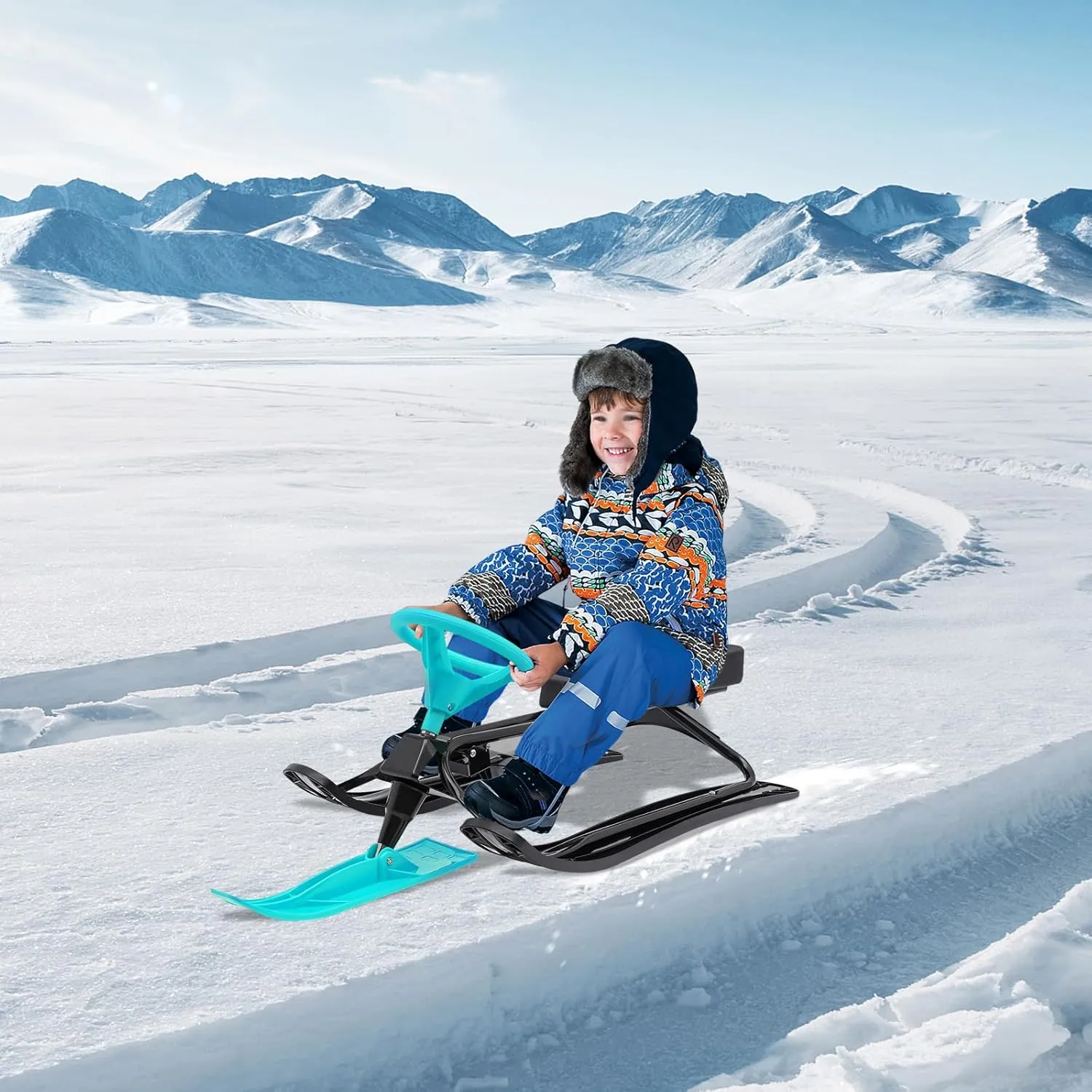 Snow Racer Sled for Adults/Kids/Teens,with Steering Wheel & Twin Brakes, 220lbs Loading Capacity, Used for Skiing, Ice Skating, Sand Skating