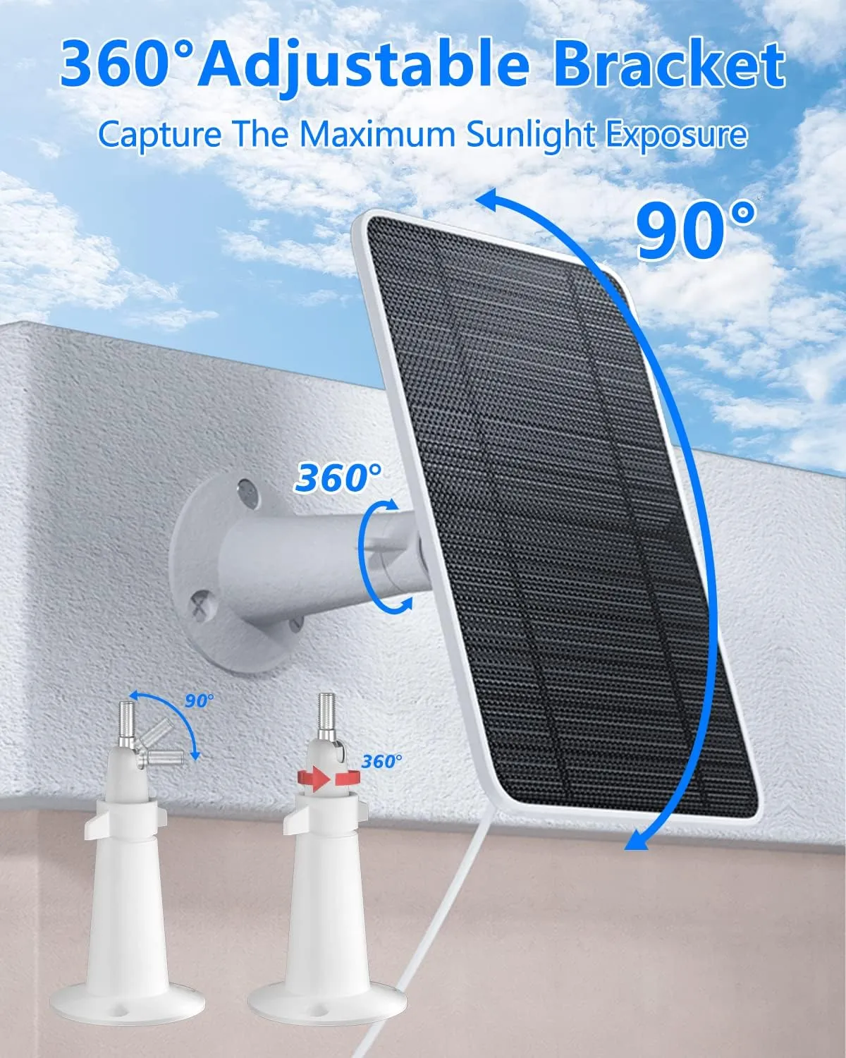 Solar Panel for Security Camera, 5W USB Solar Panel for DC 5V Security Camera, Micro USB & USB-C Port Solar Panel, IP65 Waterproof Solar Charger for Camera,360° Adjustable Mounting 13ft Cable, 2 Pack