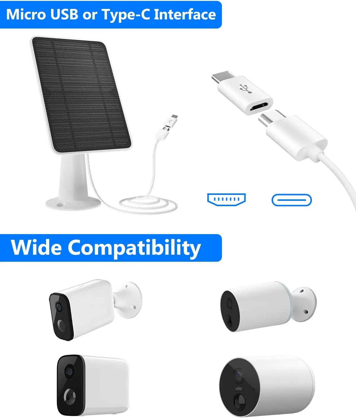 Solar Panel for Security Camera, 5W USB Solar Panel for DC 5V Security Camera, Micro USB & USB-C Port Solar Panel, IP65 Waterproof Solar Charger for Camera,360° Adjustable Mounting 13ft Cable, 2 Pack