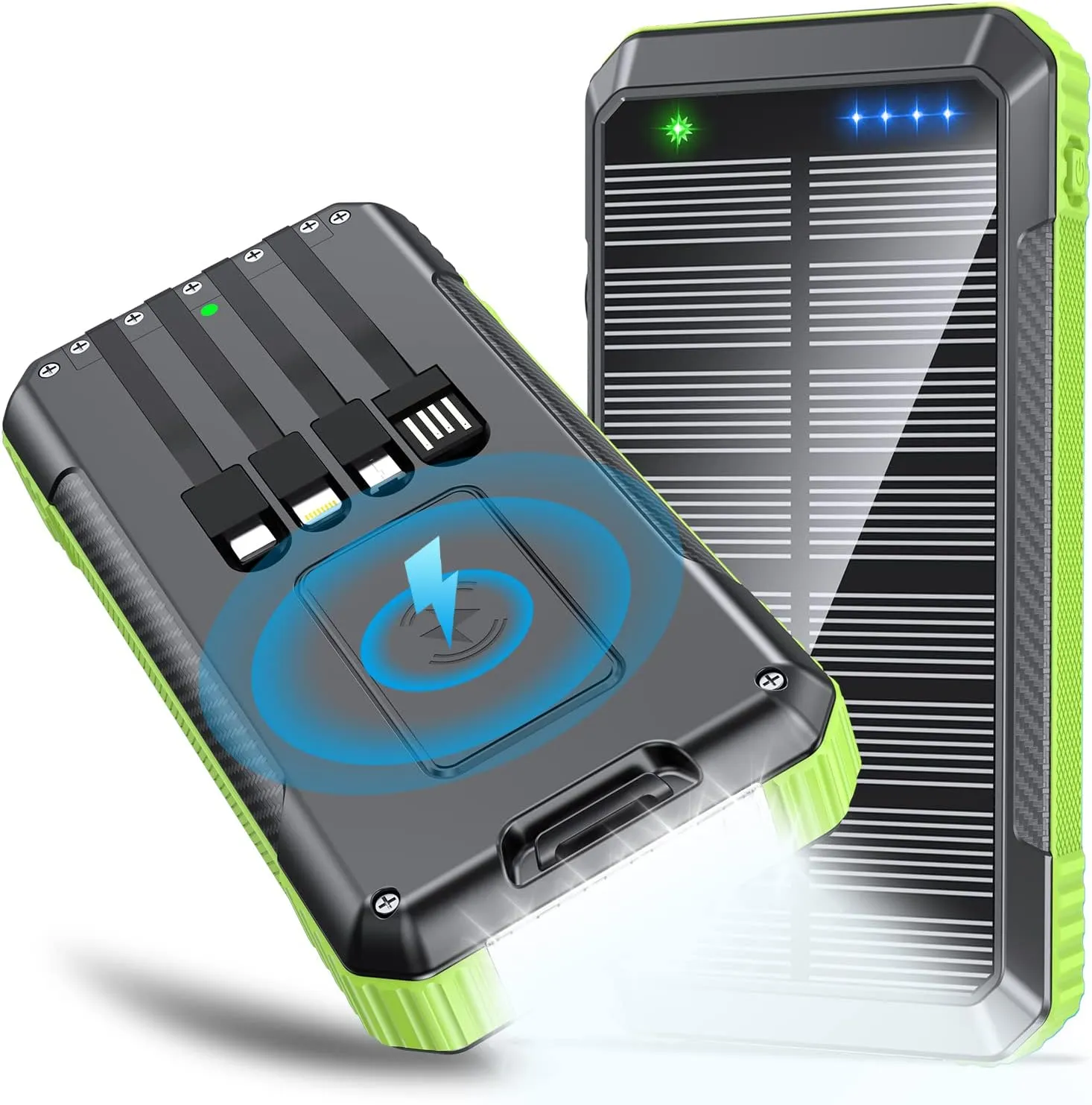 Solar Power Bank Wireless Charger 33800mAh Built in 4 Cables and LED Camping Lights 22.5W Fast Charging Power Bank 7 Outputs 4 Inputs Portable Charger Compatible with All Mobile Devices (Green)