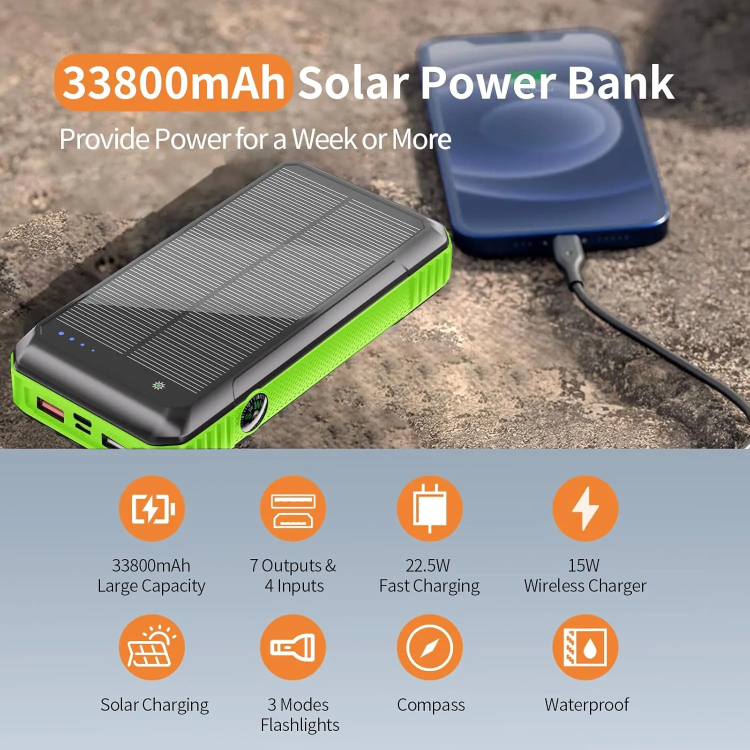 Solar Power Bank Wireless Charger 33800mAh Built in 4 Cables and LED Camping Lights 22.5W Fast Charging Power Bank 7 Outputs 4 Inputs Portable Charger Compatible with All Mobile Devices (Green)