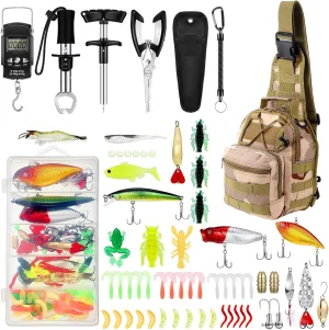 Sosation 134 Pcs Fishing Tool Kit Fishing Gear and Equipment for Men Adults, Include Hook Remover, Pliers Kit, Tackle Box with Tackle Included, Lures, Lip Gripper, Weigh Scale