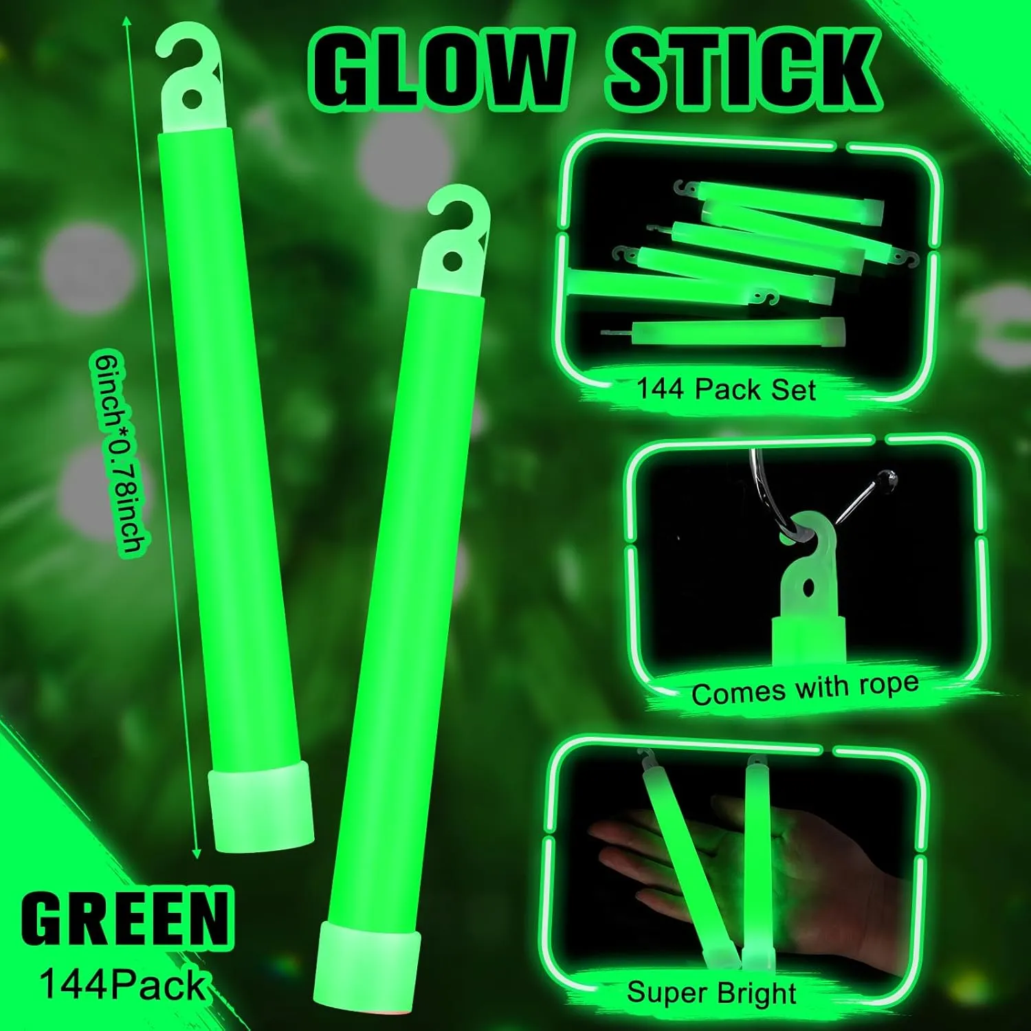 Sotiff Bright 6 Inch Large Glow Sticks Bulk Green Emergency Glow in The Dark Sticks with 12 Hour Duration for Camping Hiking Outdoor Parties Activities Survival Storms Blackouts(144 Pcs)