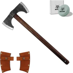 Splitting Axe, 23.6 Inch Double Bit Axe, Beech Handle with Leather Sheath, for Chopping, Splitting Wood or Axe Throwing