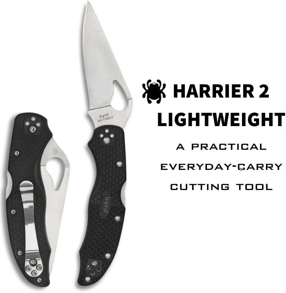 Spyderco Byrd Harrier 7.62" Lightweight Knife with 3.36" 8Cr13MoV Steel Blade and Black Non-Slip FRN Handle - PlainEdge - BY01PBK2