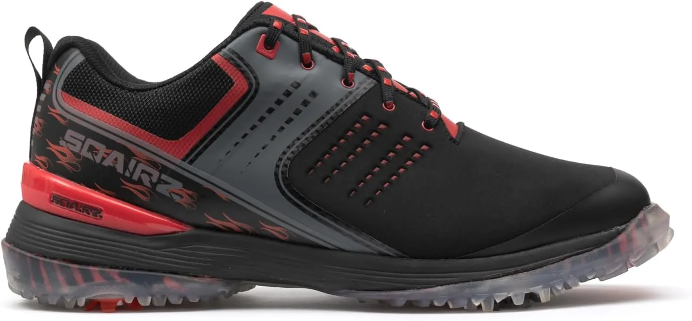 SQAIRZ Speed Fire Men's Athletic Golf Shoes - Designed for Balance & Performance, Replaceable Spikes, Waterproof, Red/Black