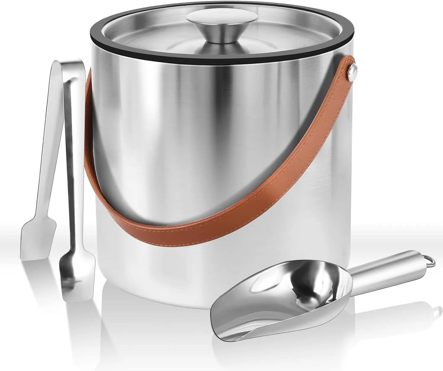 Stainless Steel Double-Wall Insulated Ice Bucket with Lid, Scoop, Tong, Strainer, Leather Handle Keep Ice Frozen Longer Large Wine Ice Buckets for Parties Cocktail Bar Chilling Champagne 2L