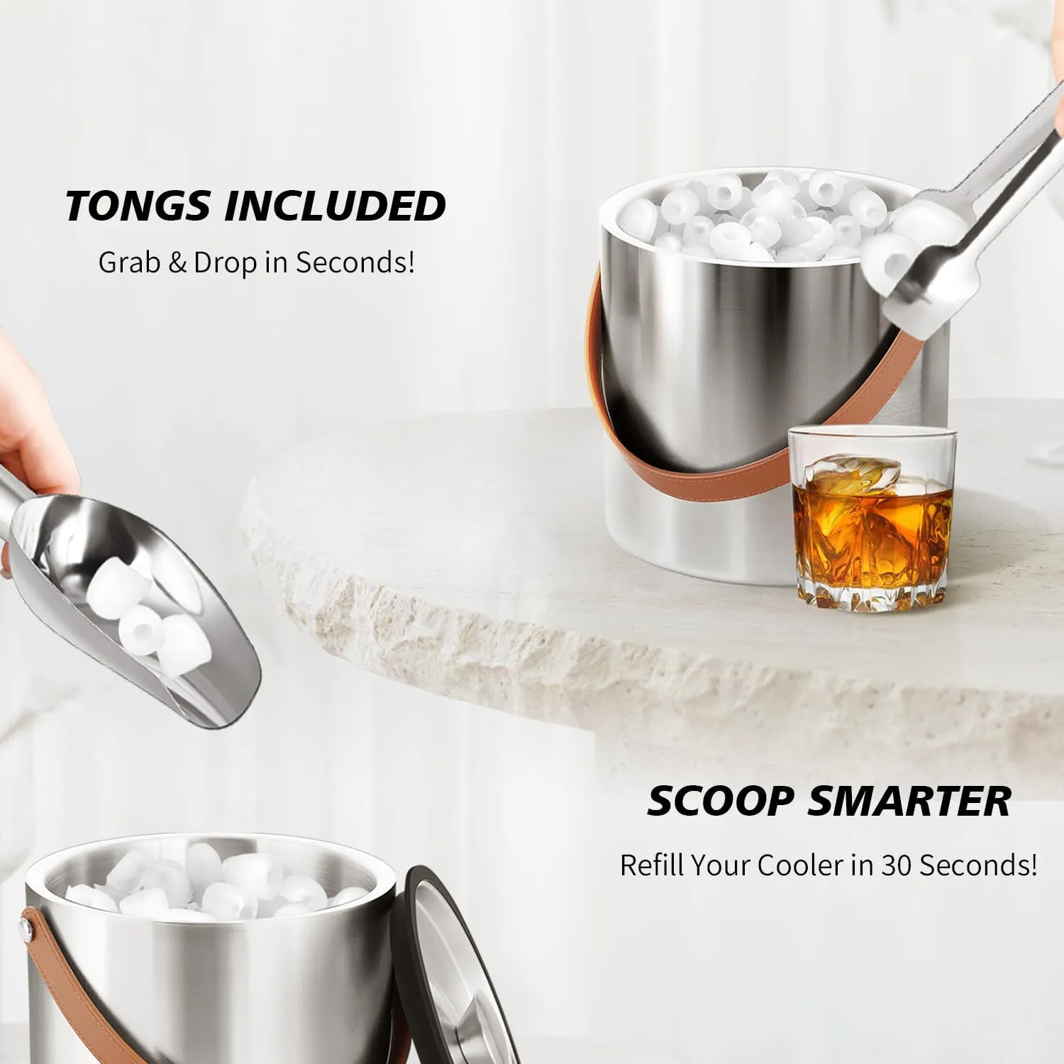 Stainless Steel Double-Wall Insulated Ice Bucket with Lid, Scoop, Tong, Strainer, Leather Handle Keep Ice Frozen Longer Large Wine Ice Buckets for Parties Cocktail Bar Chilling Champagne 2L