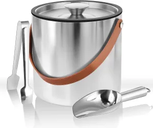 Stainless Steel Double-Wall Insulated Ice Bucket with Lid, Scoop, Tong, Strainer, Leather Handle Keep Ice Frozen Longer Large Wine Ice Buckets for Parties Cocktail Bar Chilling Champagne 2L