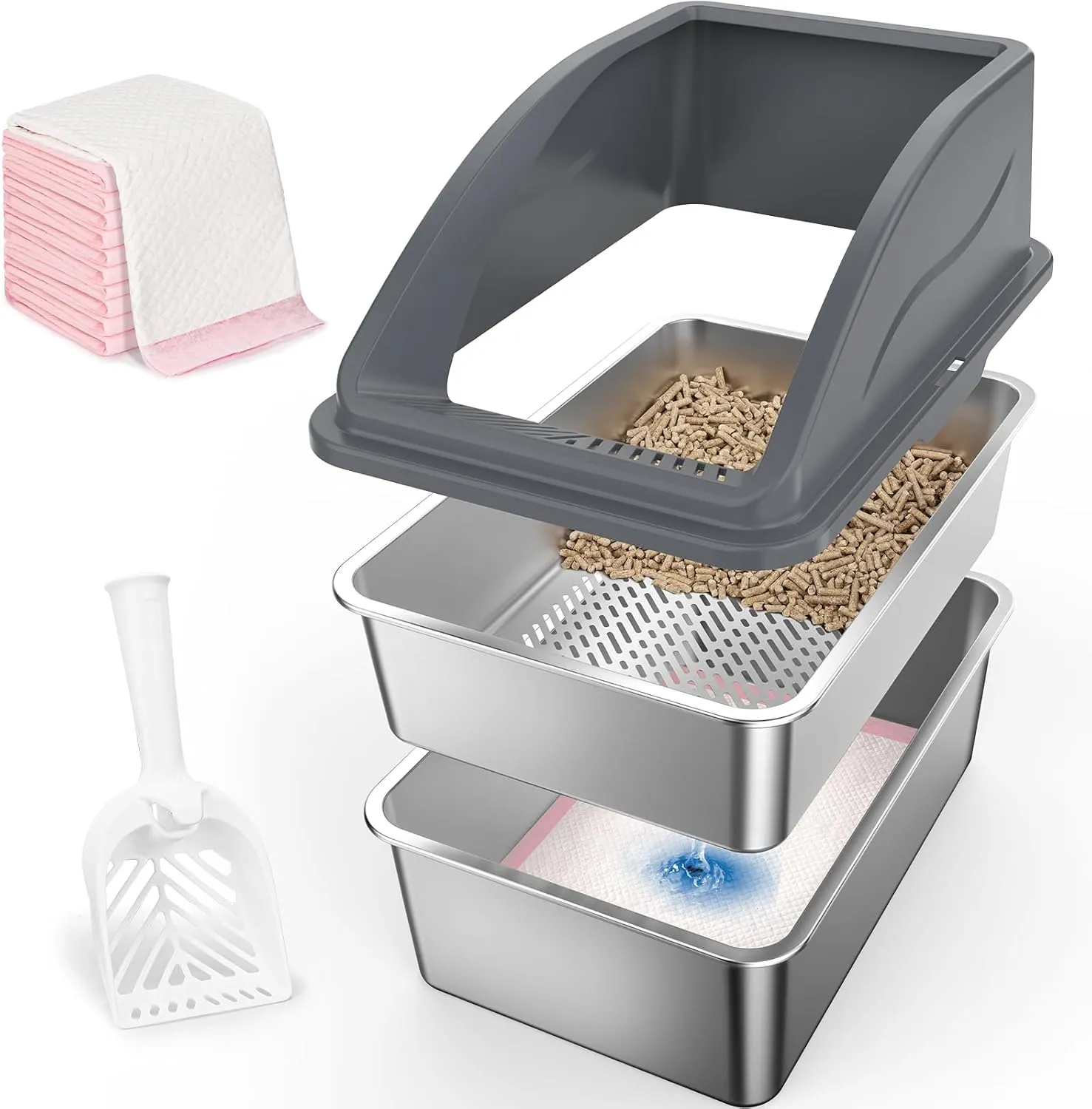 Stainless Steel Litter Box for Pine Pellet Cat Litter Non Clumping Litter System | XXL Sifting Cat Litter Box with Lid for Big Cats | High Sided, Anti-Urine Leakage | Non-Stick Bottom