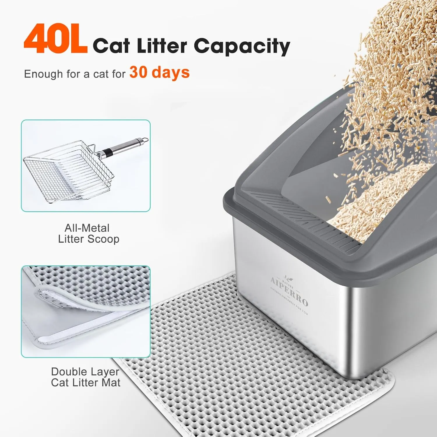Stainless Steel Litter Box | XL Enclosed Cat Litter Boxs with Lid for Big Cats | High Sided, Anti-Urine Leakage | Non-Stick Bottom & Includes Litter Mat & Metal Scoop (Dark Gray, XX-Large)
