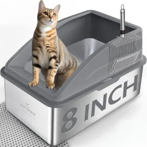 Stainless Steel Litter Box | XL Enclosed Cat Litter Boxs with Lid for Big Cats | High Sided, Anti-Urine Leakage | Non-Stick Bottom & Includes Litter Mat & Metal Scoop (Dark Gray, XX-Large)