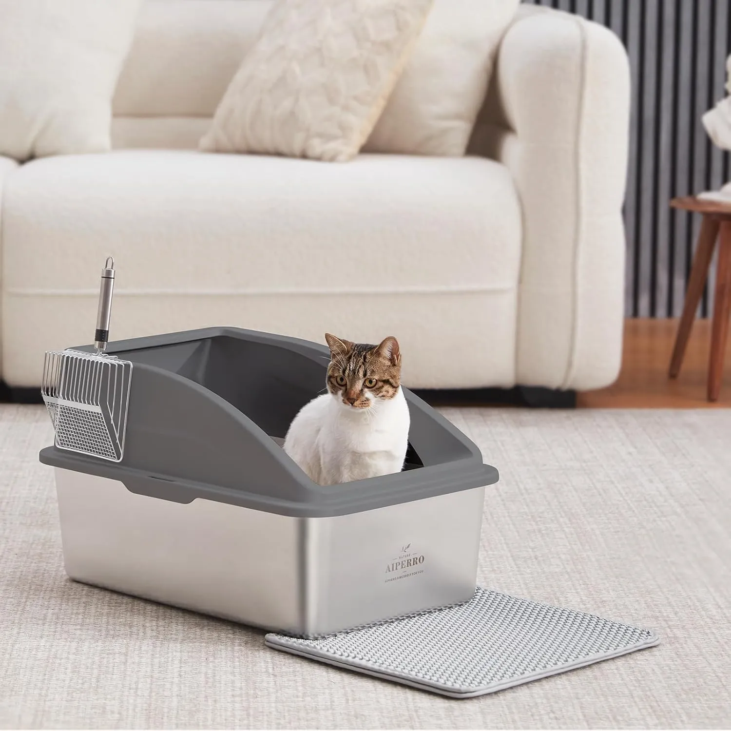 Stainless Steel Litter Box | XL Enclosed Cat Litter Boxs with Lid for Big Cats | High Sided, Anti-Urine Leakage | Non-Stick Bottom & Includes Litter Mat & Metal Scoop (Dark Gray, XX-Large)