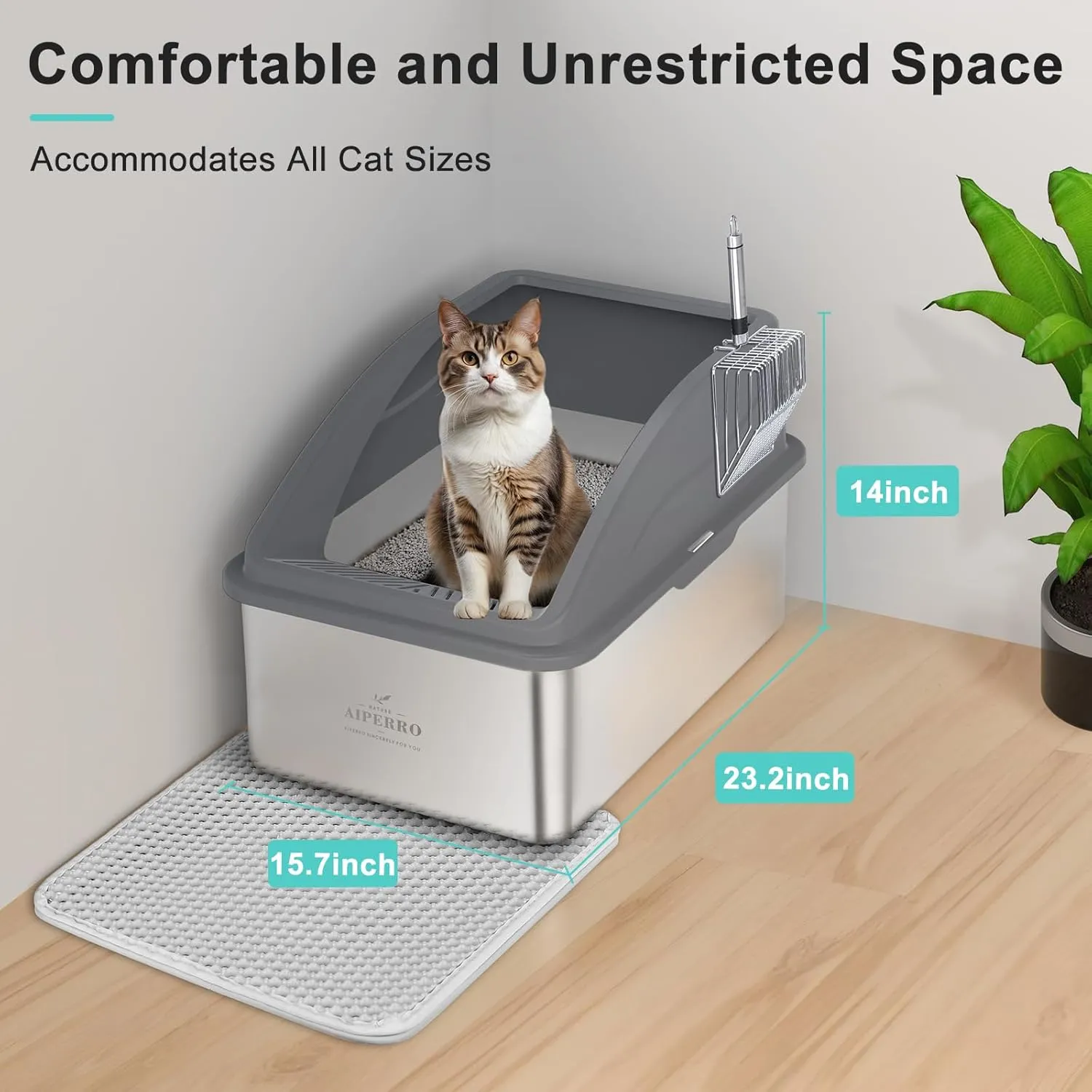 Stainless Steel Litter Box | XL Enclosed Cat Litter Boxs with Lid for Big Cats | High Sided, Anti-Urine Leakage | Non-Stick Bottom & Includes Litter Mat & Metal Scoop (Dark Gray, XX-Large)