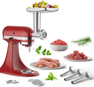 Stainless Steel Meat Grinder Attachment for KitchenAid Stand Mixer, Food Grinder attachment with 4 Grinding Plates, 3 Sausage Stuffer Tubes, 2 Grinding Blades, Mixers Accessories for Kitchen Aid