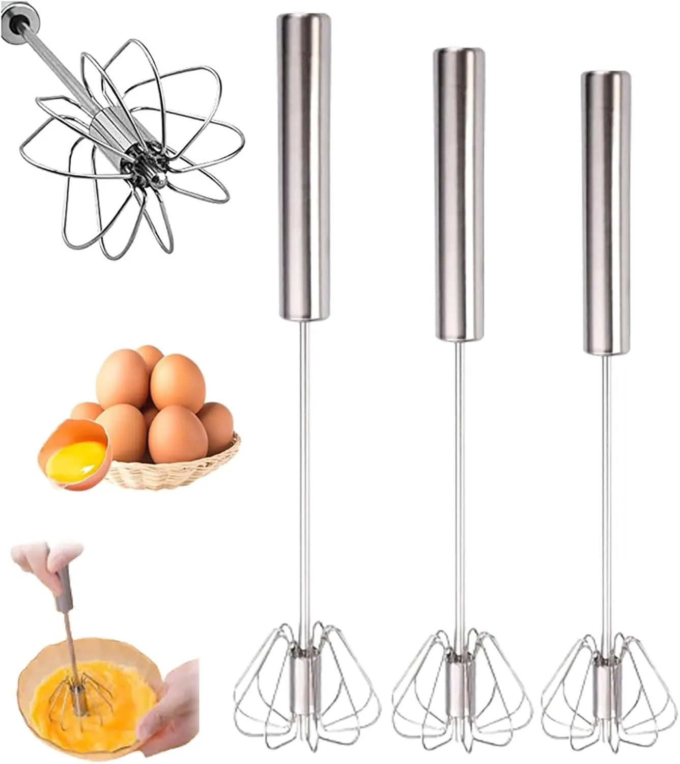 Stainless Steel Semi-Automatic Whisk, 3 Sizes (Silver, 2.75*13.97in, 2.55*12.2in, 2.16*9.44in), Kitchen Whisk, Whisks Eggs, Cream, Sauces & More