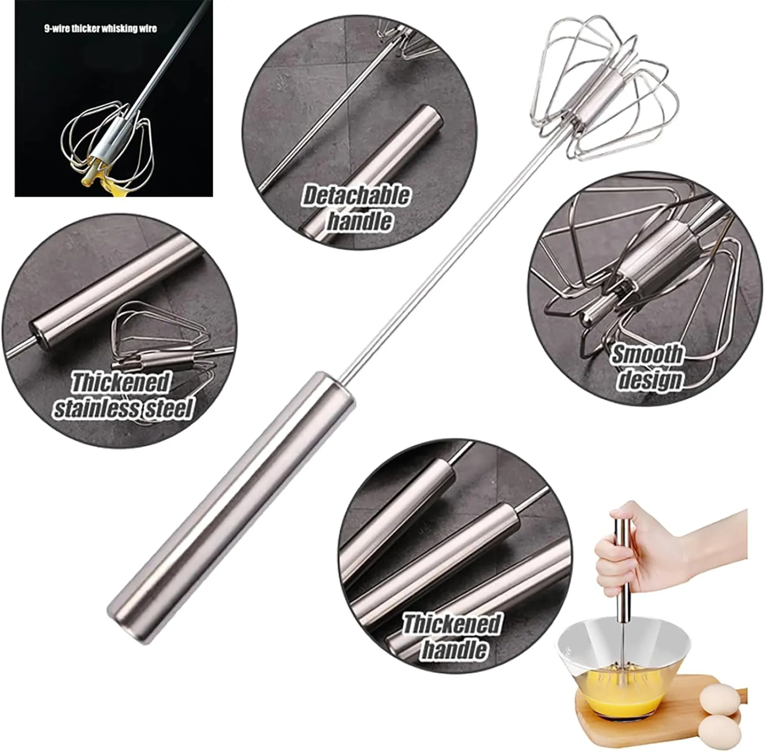 Stainless Steel Semi-Automatic Whisk, 3 Sizes (Silver, 2.75*13.97in, 2.55*12.2in, 2.16*9.44in), Kitchen Whisk, Whisks Eggs, Cream, Sauces & More