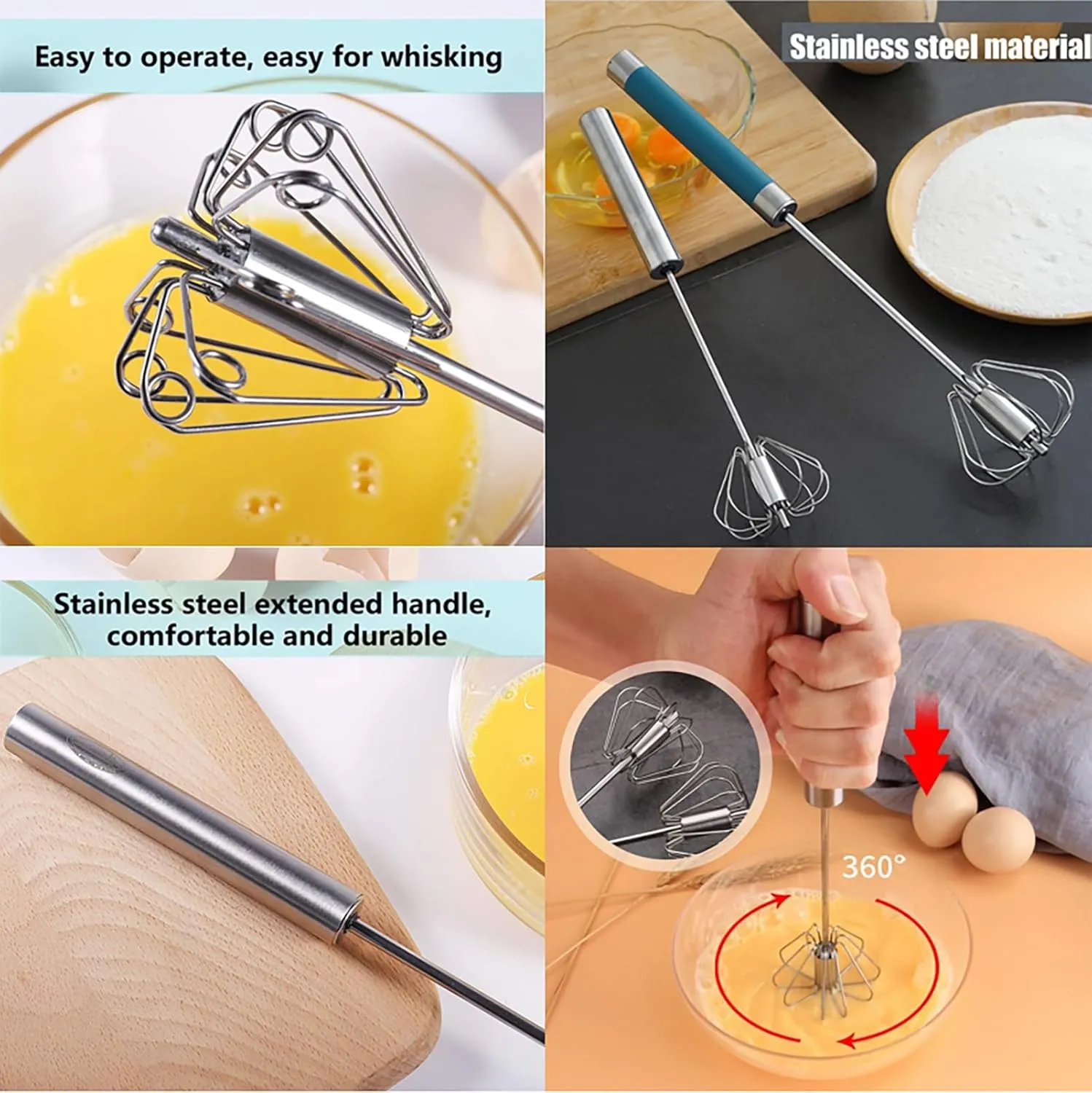 Stainless Steel Semi-Automatic Whisk, 3 Sizes (Silver, 2.75*13.97in, 2.55*12.2in, 2.16*9.44in), Kitchen Whisk, Whisks Eggs, Cream, Sauces & More