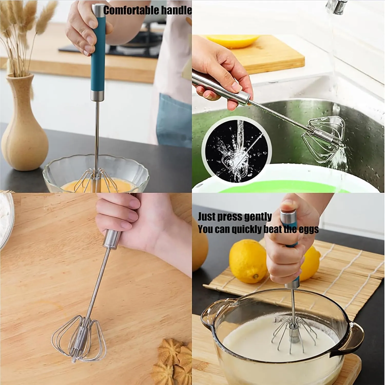Stainless Steel Semi-Automatic Whisk, 3 Sizes (Silver, 2.75*13.97in, 2.55*12.2in, 2.16*9.44in), Kitchen Whisk, Whisks Eggs, Cream, Sauces & More