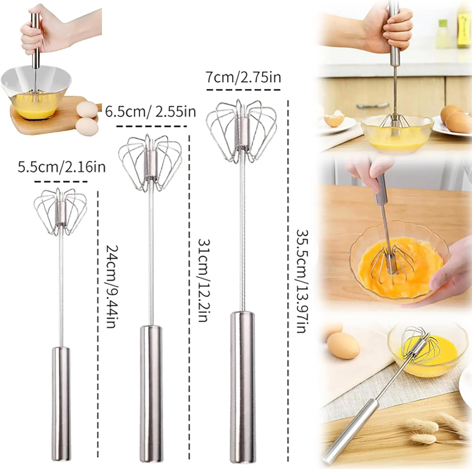 Stainless Steel Semi-Automatic Whisk, 3 Sizes (Silver, 2.75*13.97in, 2.55*12.2in, 2.16*9.44in), Kitchen Whisk, Whisks Eggs, Cream, Sauces & More