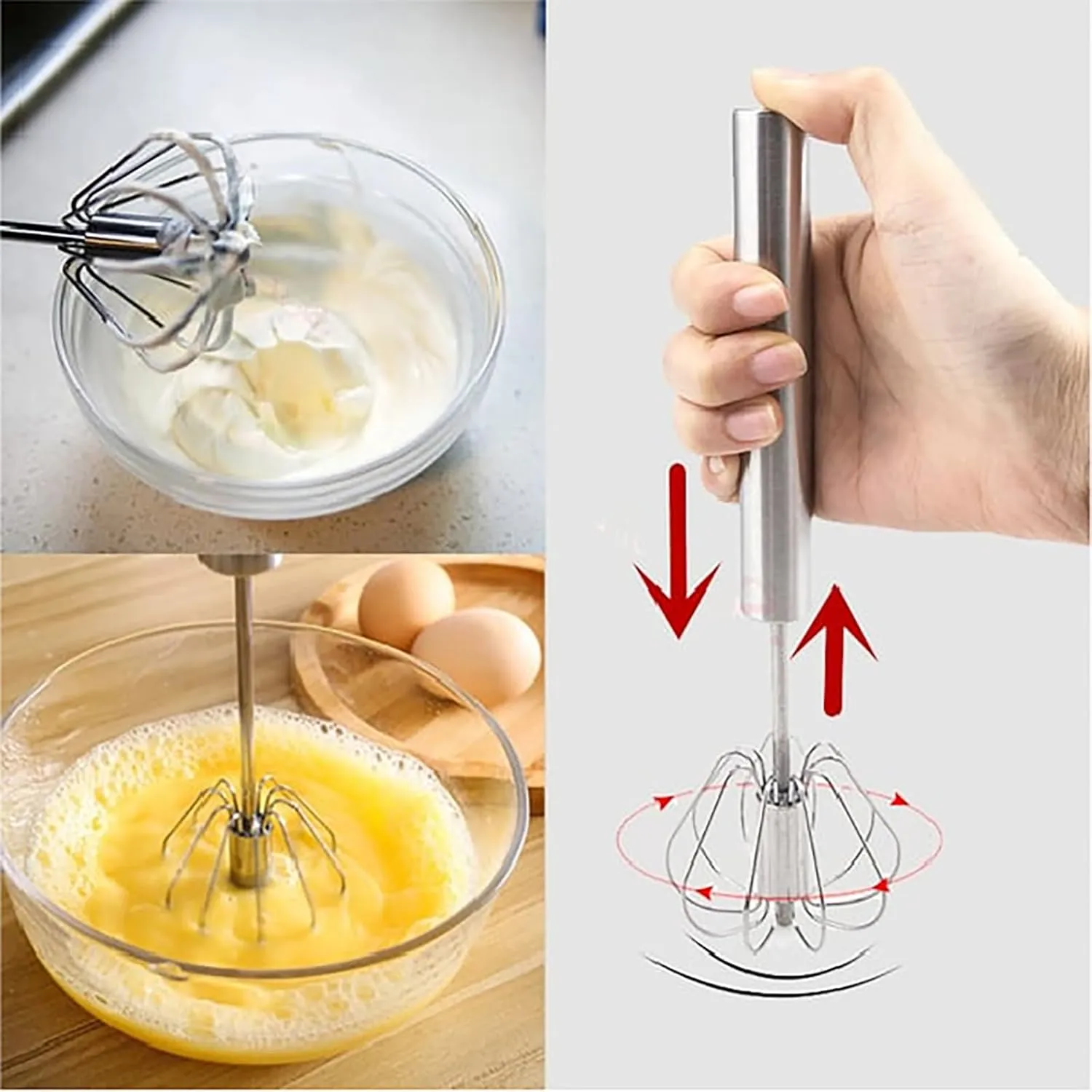 Stainless Steel Semi-Automatic Whisk, 3 Sizes (Silver, 2.75*13.97in, 2.55*12.2in, 2.16*9.44in), Kitchen Whisk, Whisks Eggs, Cream, Sauces & More