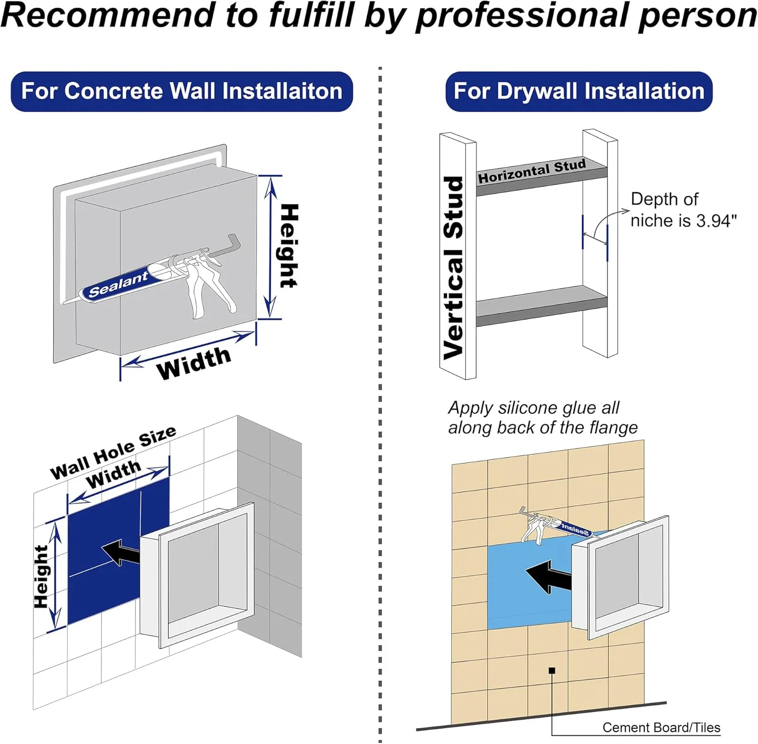 Stainless Steel Shower Niche 24" X 12" Matte Black No Tile Needed Wall Vertical Niche Double Shelves Recessed Shower Shelf for Bathroom Storage Over Mount Installation