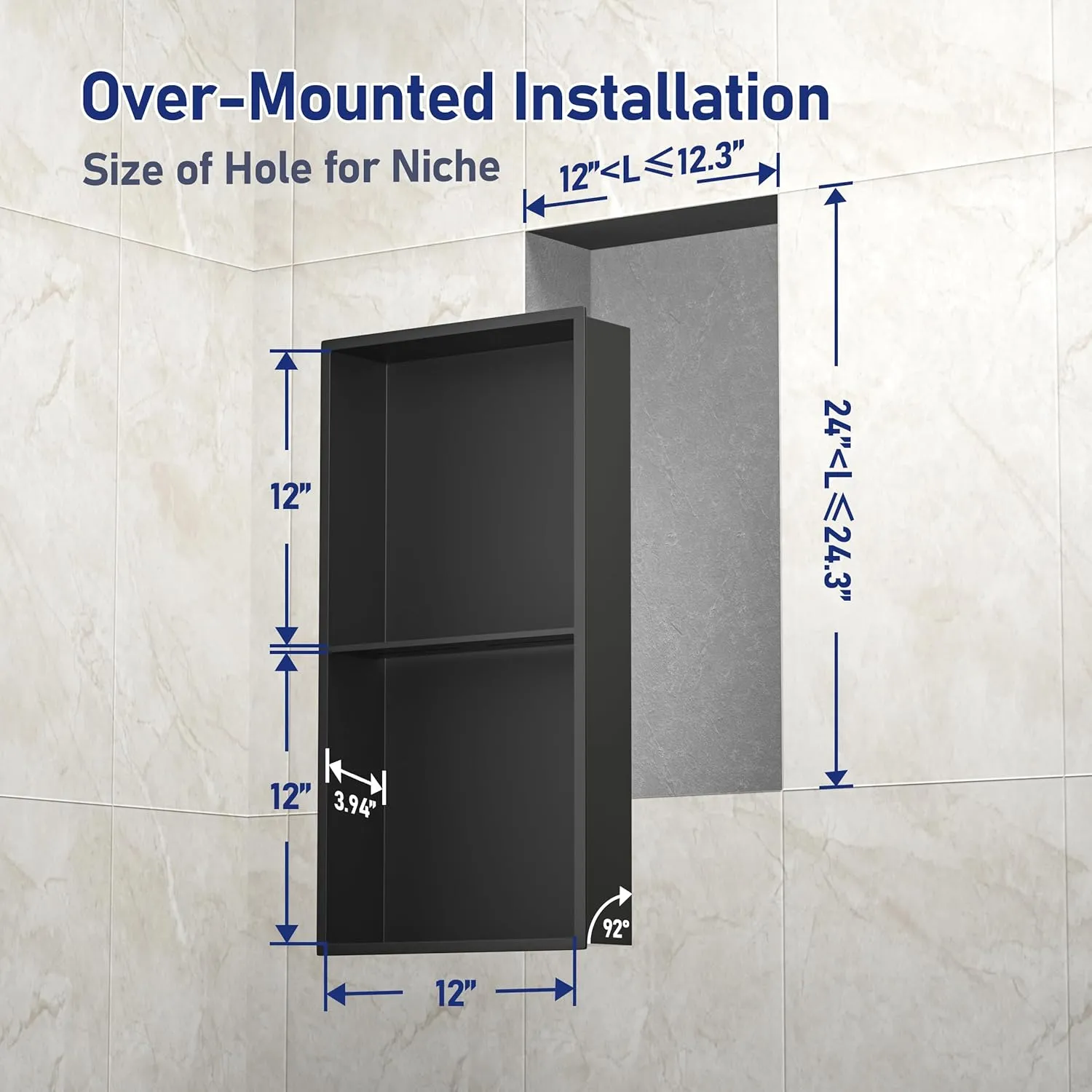 Stainless Steel Shower Niche 24" X 12" Matte Black No Tile Needed Wall Vertical Niche Double Shelves Recessed Shower Shelf for Bathroom Storage Over Mount Installation