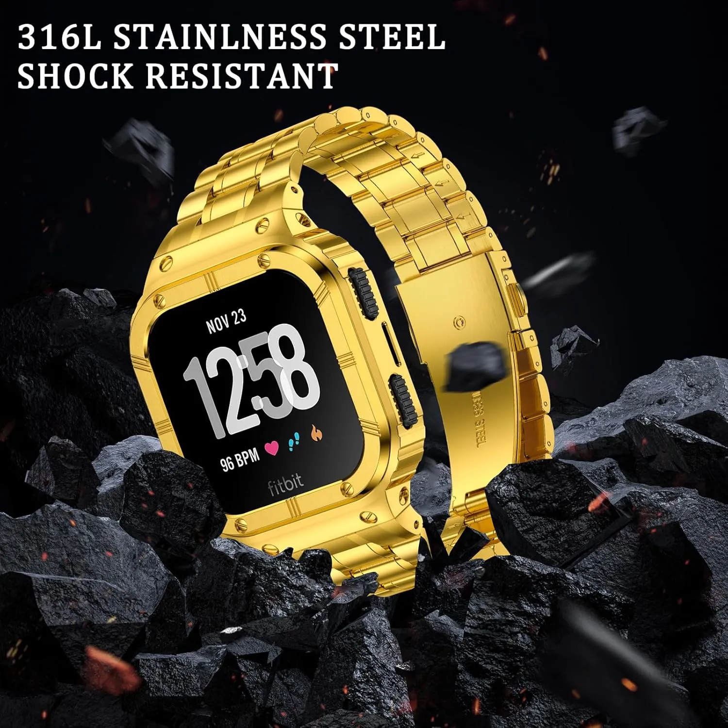 Stainless Steel Watch Band with Case Compatible for Fitbit Versa/Fitbit Sense Bands, Rugged Protective Bumper Metal Wristbands for Men Women