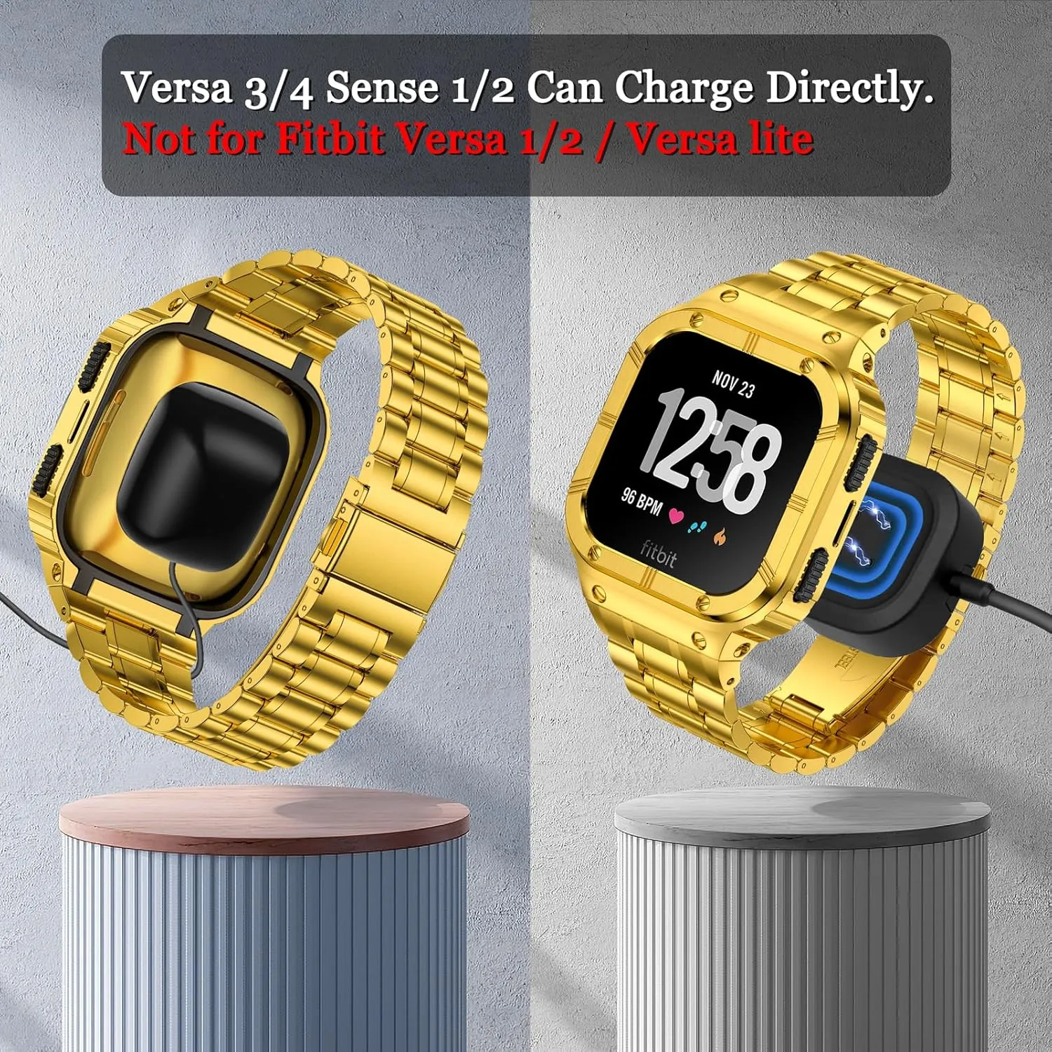 Stainless Steel Watch Band with Case Compatible for Fitbit Versa/Fitbit Sense Bands, Rugged Protective Bumper Metal Wristbands for Men Women