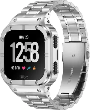 Stainless Steel Watch Band with Case Compatible for Fitbit Versa/Fitbit Sense Bands, Rugged Protective Bumper Metal Wristbands for Men Women